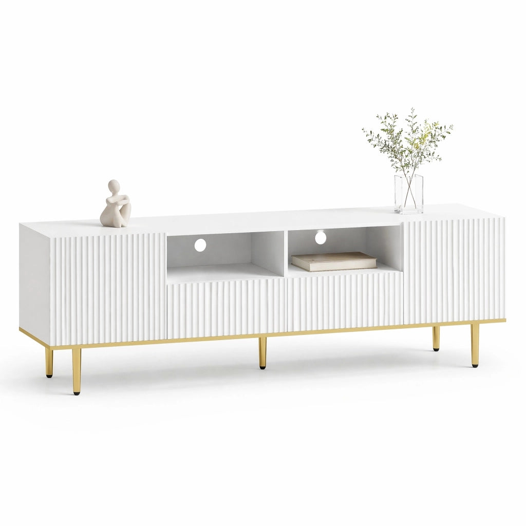 Mobile TV con 2 cassetti e 2 vani; 165 x 36 x 55 cm; pannello truciolare; bianco e oro