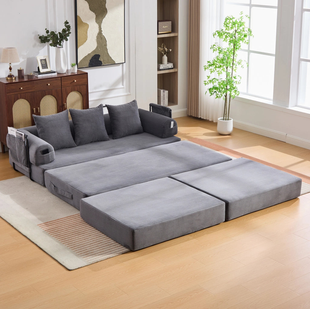Divano modulare in tessuto vellutato con struttura in metallo, 3 cuscini e pouf, colore grigio scuro, 200x190x67 cm
