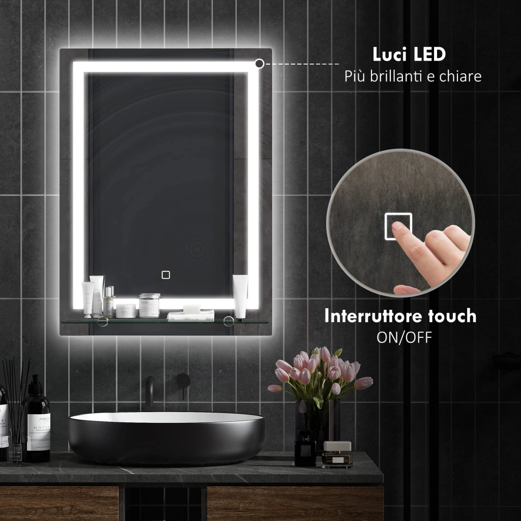 Specchio Bagno a LED con Mensola Vetro ¨C Zephmum ¨C Argento 50x12x70 cm