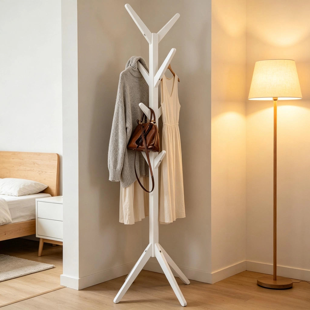 Appendiabiti da terra con 8 ganci in legno bianco struttura triangolare portata 3 kg per gancio 43 × 43 × 180 cm