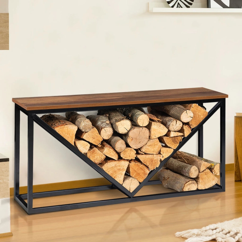 IDMarket - Portalegna per camino orizzontale in acciaio nero e piano effetto invecchiato con design industriale DAYTON