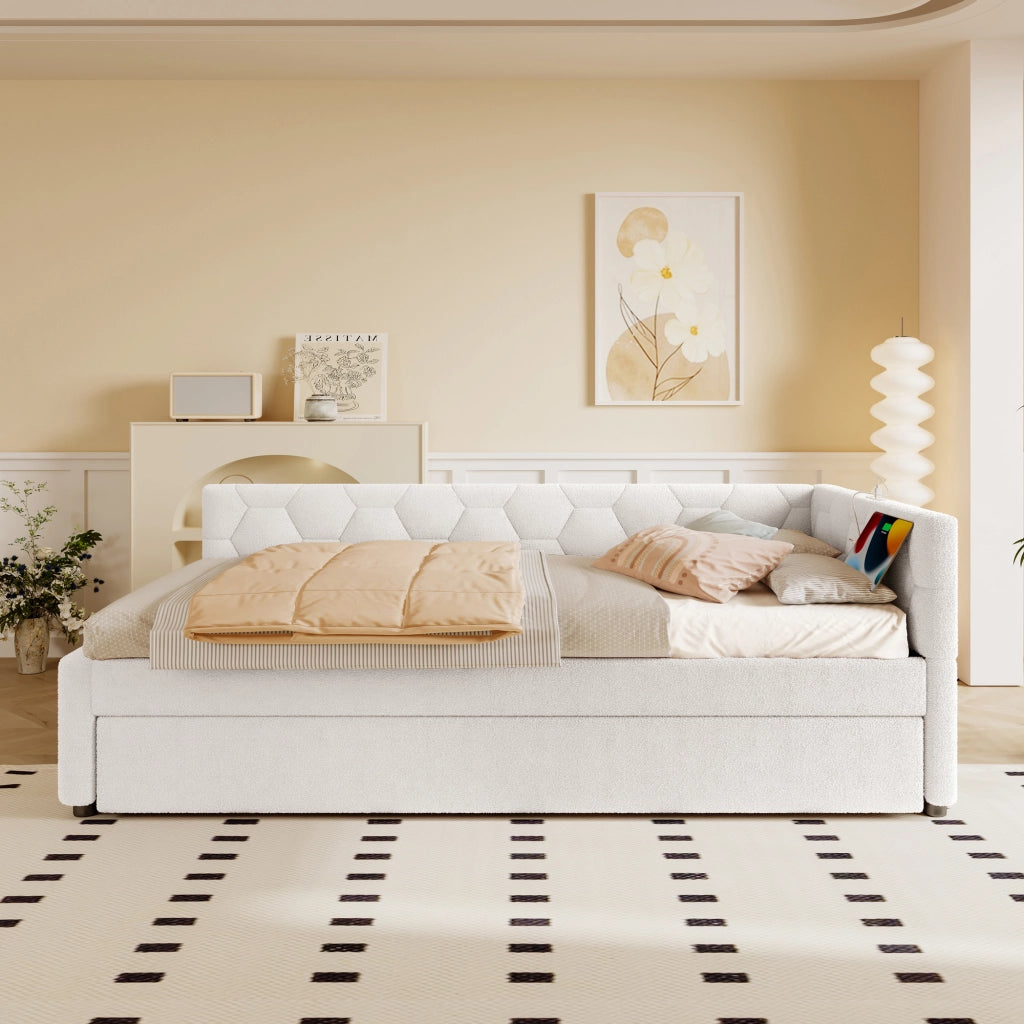 Letto divano singolo 90 × 200 cm con letto estraibile; USB; tipo C e lampada; senza materasso; bouclé bianco