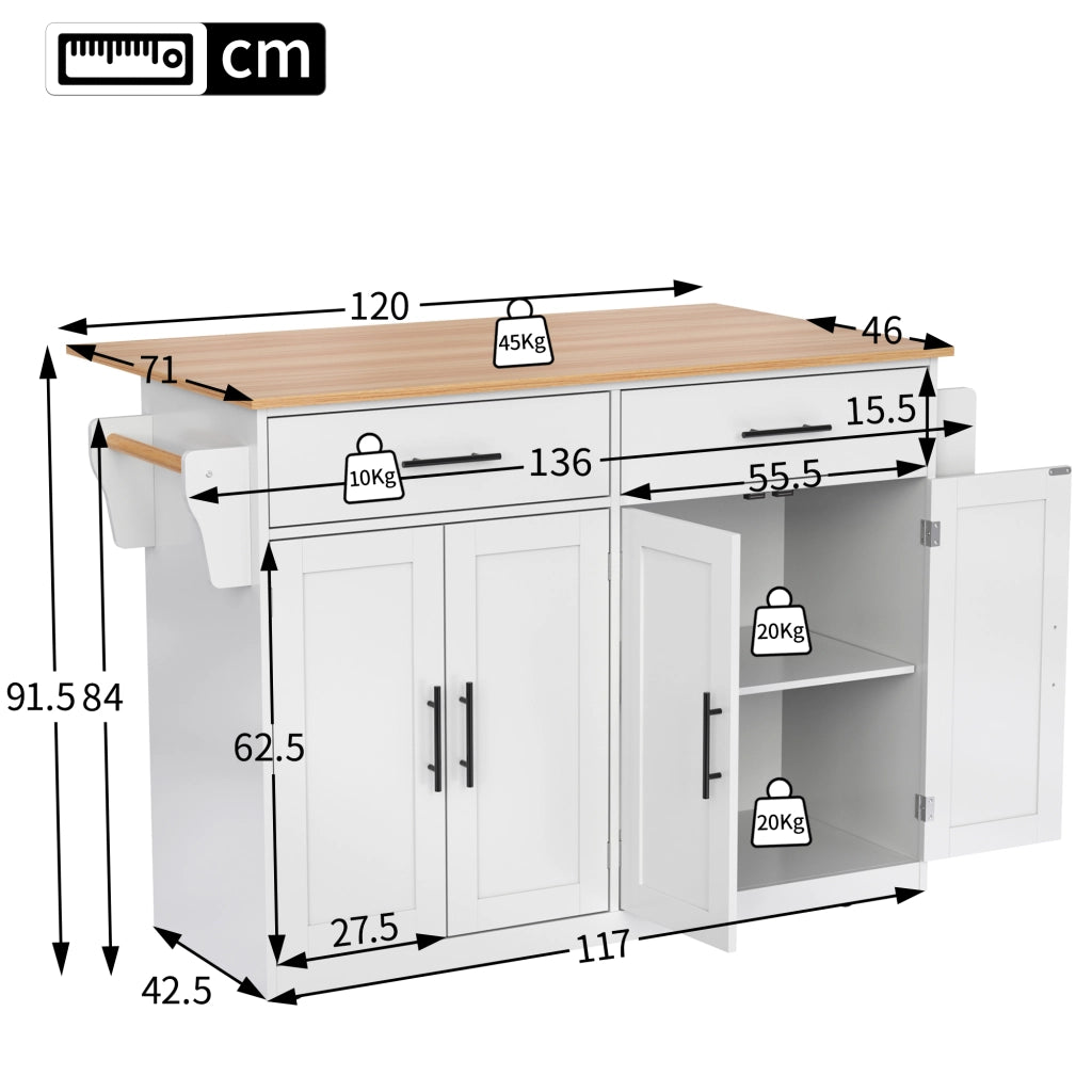 Carrello da cucina con piano ribaltabile quattro ante due cassetti e ruote bianco e naturale