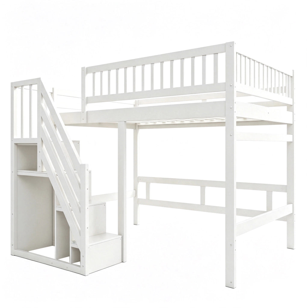 Letto a soppalco ULEVR 140x200 cm con scala contenitore e sponde alte, bianco, legno di pino