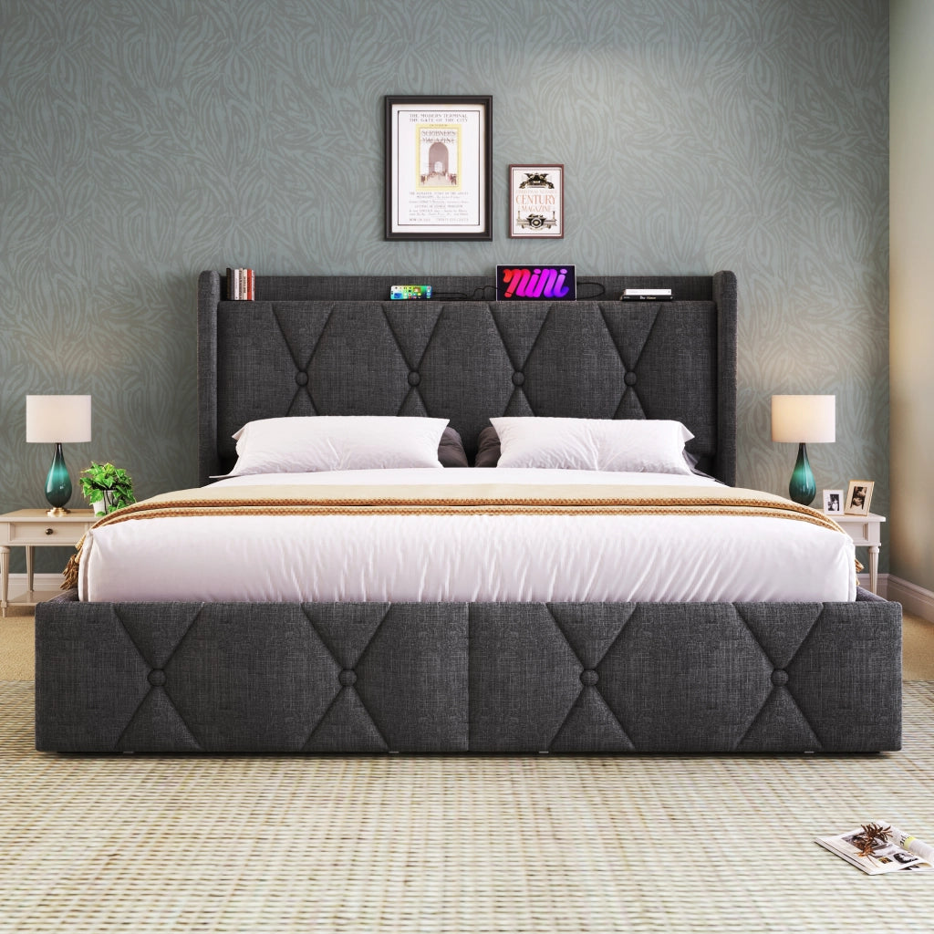 Letto 140 x 200 cm con 4 cassetti e testiera USB, lino grigio, rete a doghe