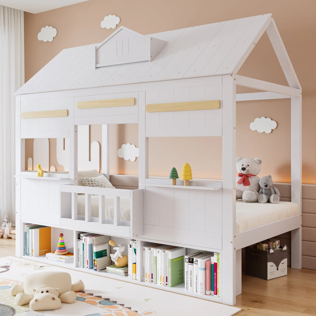 Letto a soppalco per bambini 90 × 200 cm con libreria integrata, senza materasso, in legno e MDF bianco