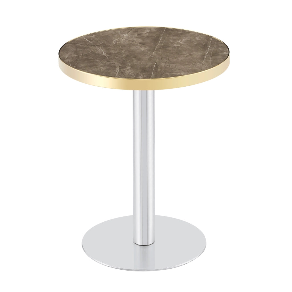 Tavolino rotondo da salotto con piano effetto marmo UV in MDF e struttura in acciaio inox dorato