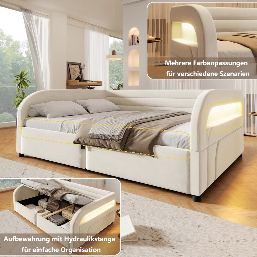 Letto Contenitore Imbottito 140x200 cm con Sollevamento Idraulico; LED; Beige