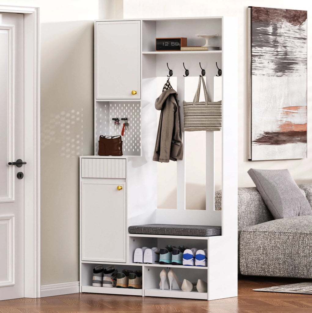 Mobile ingresso 100x35x180 cm con panca imbottita; 2 cassetti e 4 ganci in MDF bianco