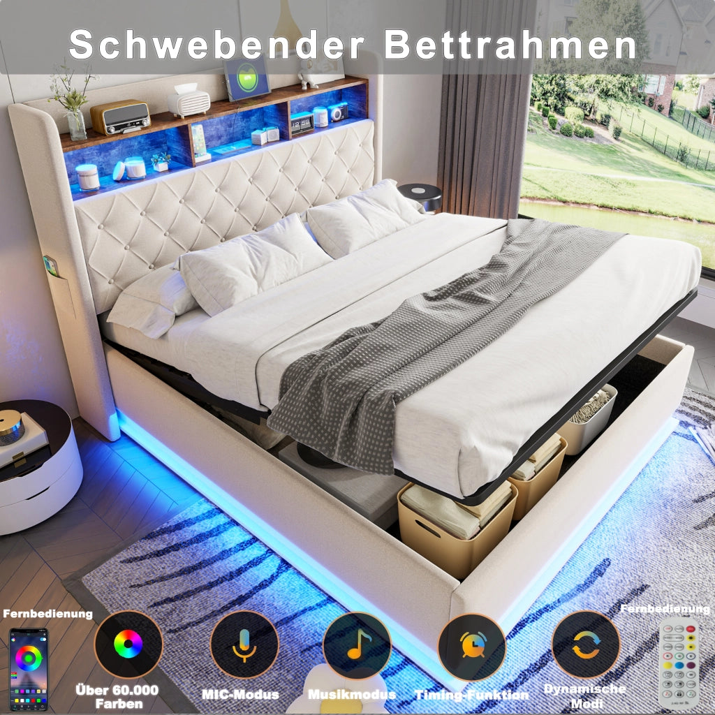 Letto matrimoniale imbottito 180 × 200 cm con LED USB vano contenitore idraulico in lino beige
