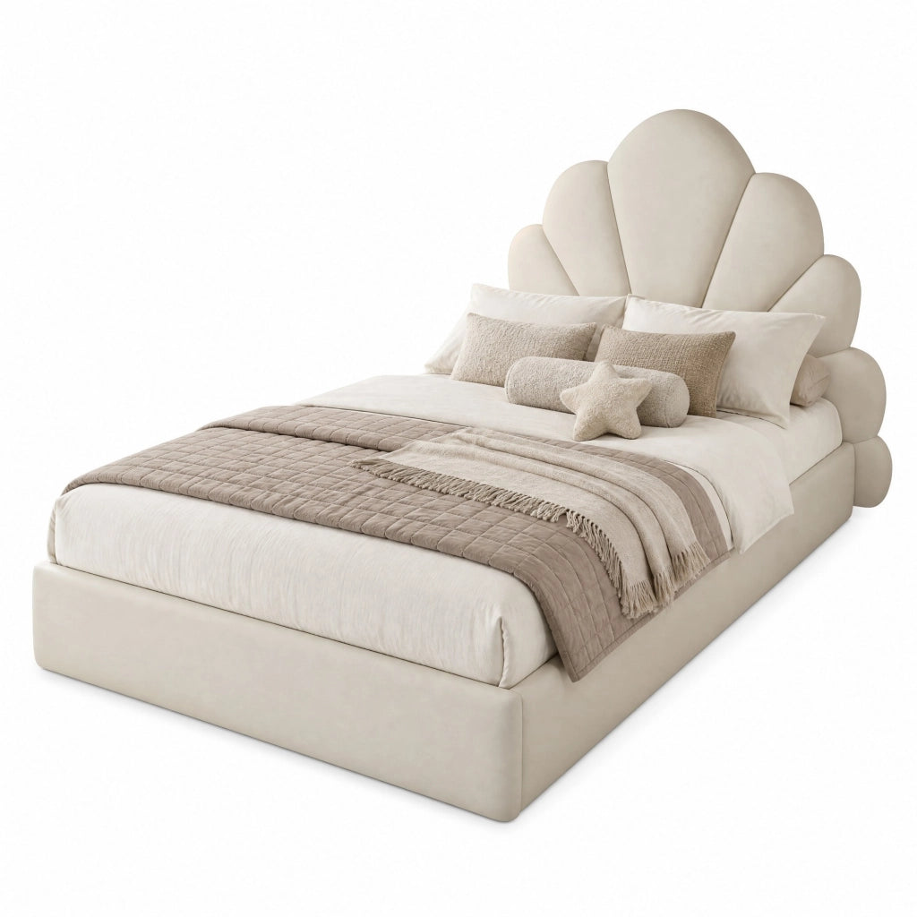 Letto singolo imbottito 90 ¡Á 200 cm con testiera a petali in velluto beige rete a doghe e tavolini laterali