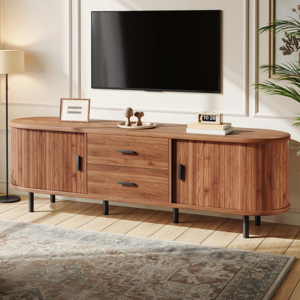 Mobile TV 150x40x55 cm con ante scorrevoli; 2 cassetti e ripiani; struttura MDF e pannello truciolare noce