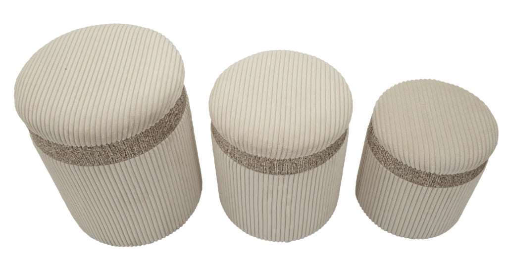 Puff con Contenitore Cortina Crema Set 3 Pz Ø40,5x49,5 cm - Ø35x42 cm - Ø31x38 cm in MDF e Spugna e Poliestere Crema
