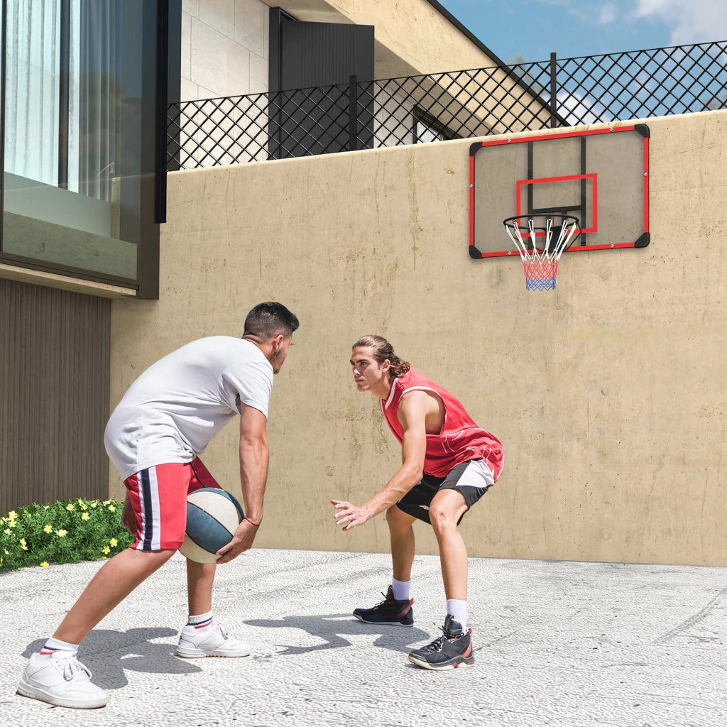 Canestro da Basket con Tabellone e Rete, Montaggio a Parete per Esterni, Acciaio, 113 x 61 x 73 cm, Rosso