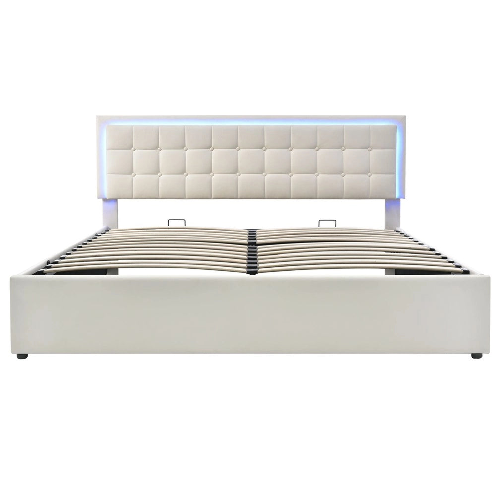 Letto Contenitore Imbottito con LED ¨C MINIMAL ¨C Similpelle Bianco 180x200