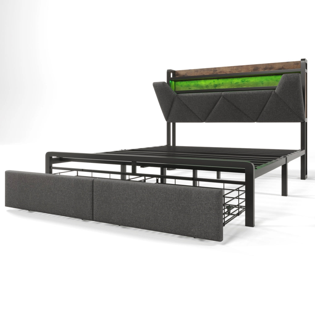 Letto matrimoniale 160x200 cm grigio con LED, contenitore e materasso