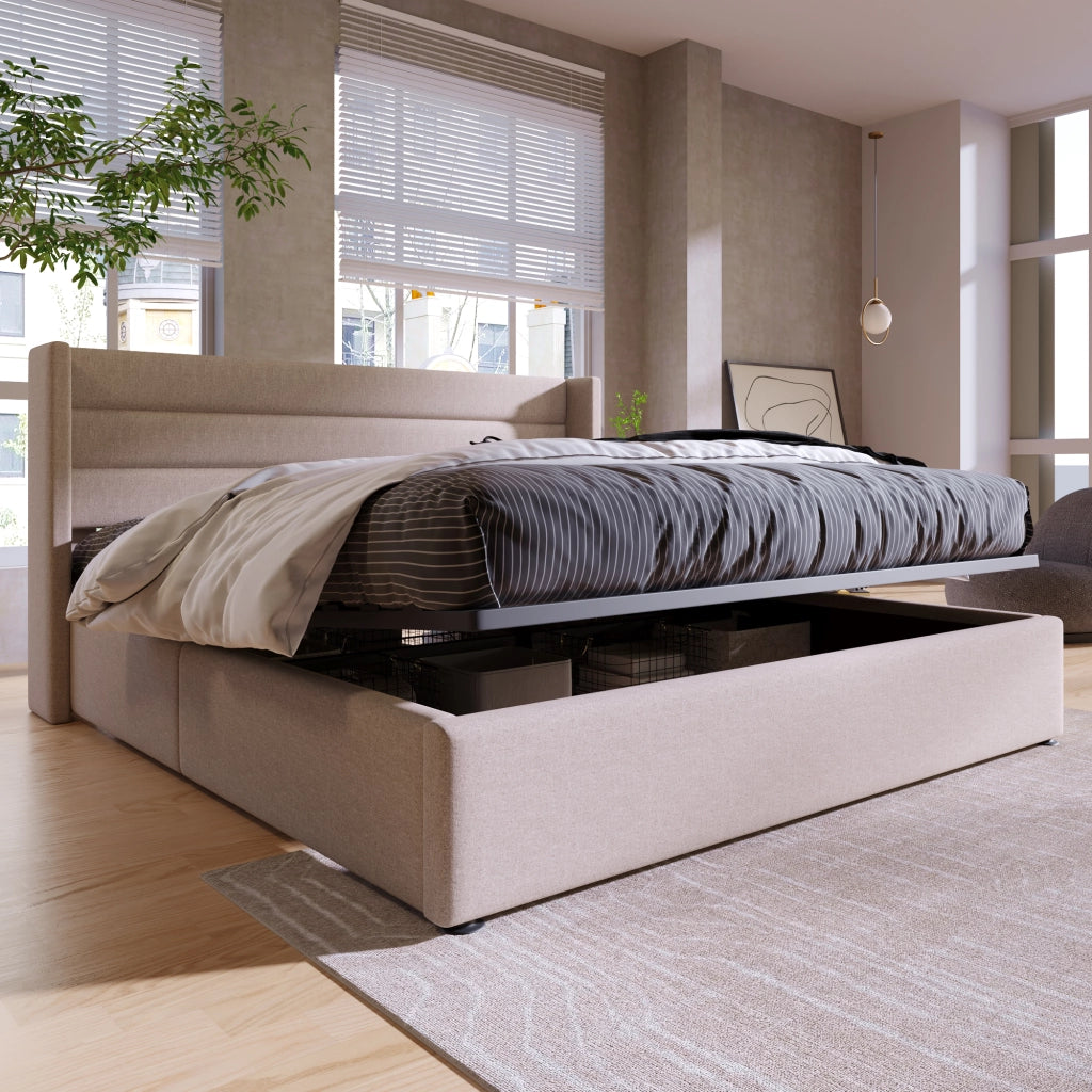 Letto contenitore idraulico matrimoniale 160x200 cm, rete a doghe in legno su telaio in metallo, lino, beige
