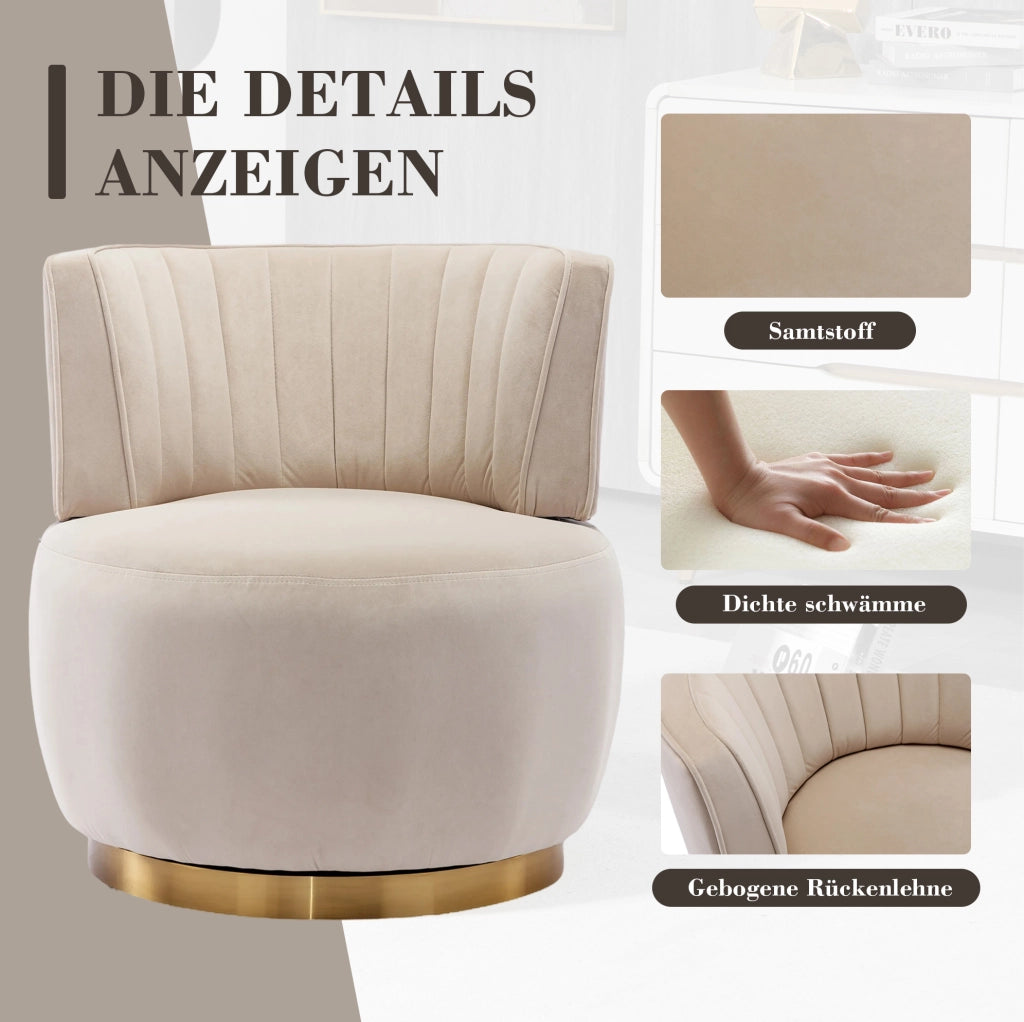 Sedia girevole moderna in velluto beige con struttura in legno e metallo, 62,5x62x69,5 cm, per soggiorno e camera da letto