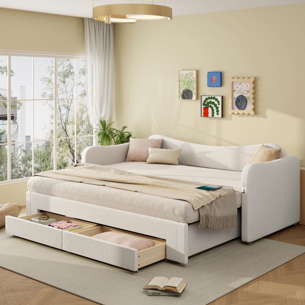 Letto per bambini estensibile 90-180 x 200 cm con 2 cassetti e USB, letto singolo imbottito in boucl¨¦ beige