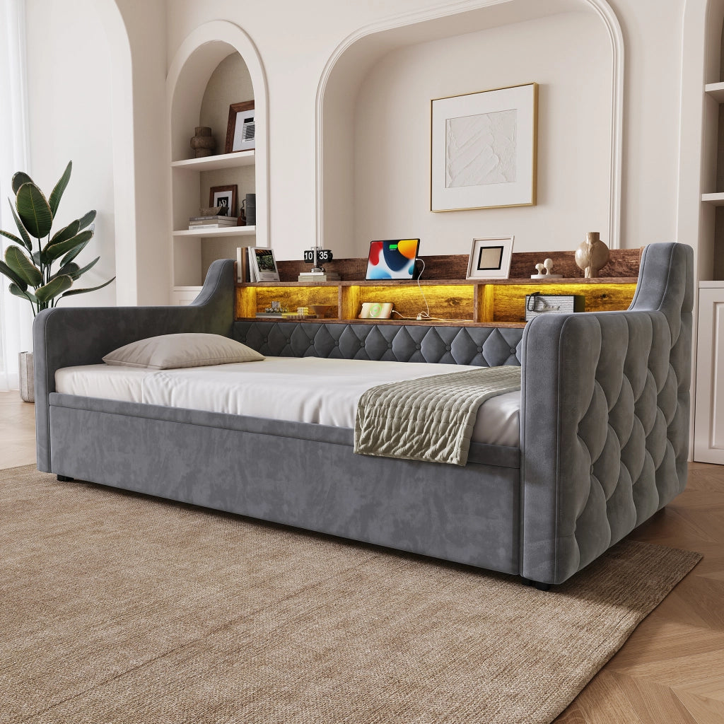 Letto divano 90x190 cm in velluto grigio scuro con letto estraibile; testiera con vani; LED; USB e USB-C