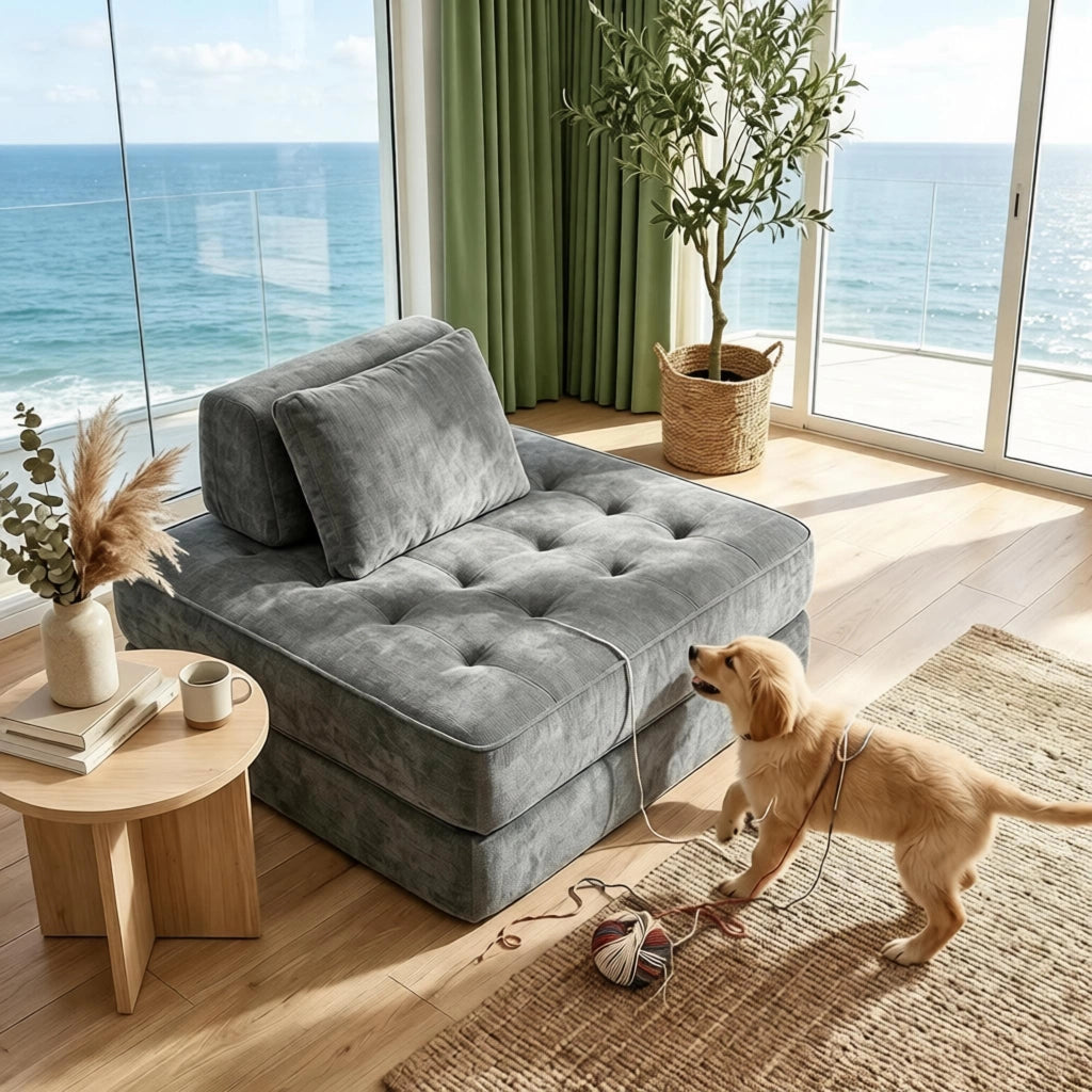 Poltrona letto singola 2 in 1 pieghevole con cuscino e supporto trapezoidale in ciniglia di poliestere grigio