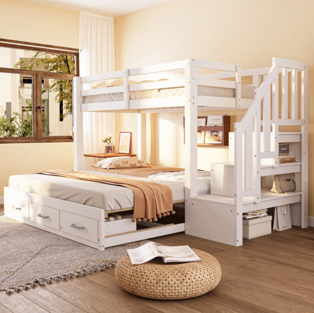Letto a castello in legno massiccio 90x200 cm con letto estraibile 90/180x190 cm, scala con cassetti, bianco