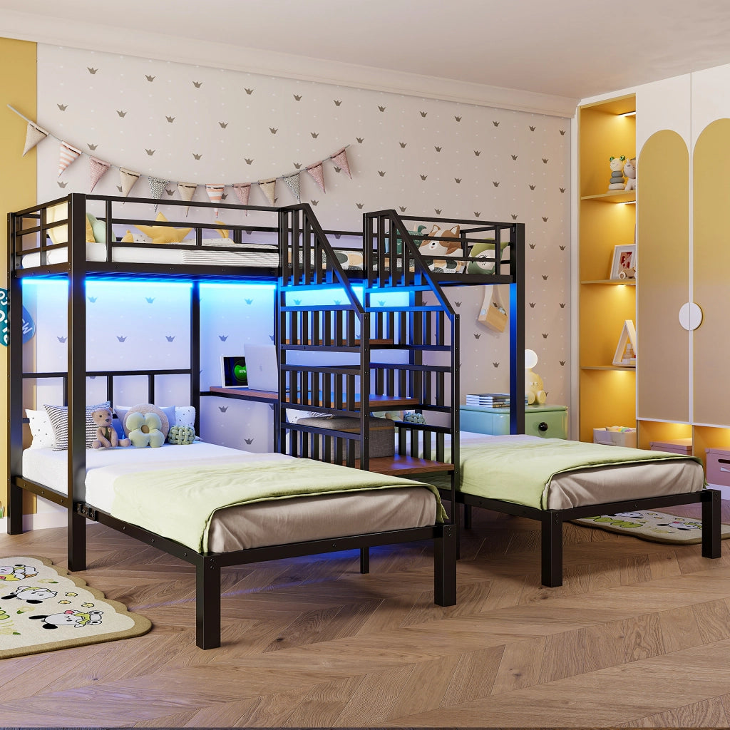 Letto a castello triplo 90 × 200 cm con scrivania, LED, prese USB e vani contenitore in metallo e MDF