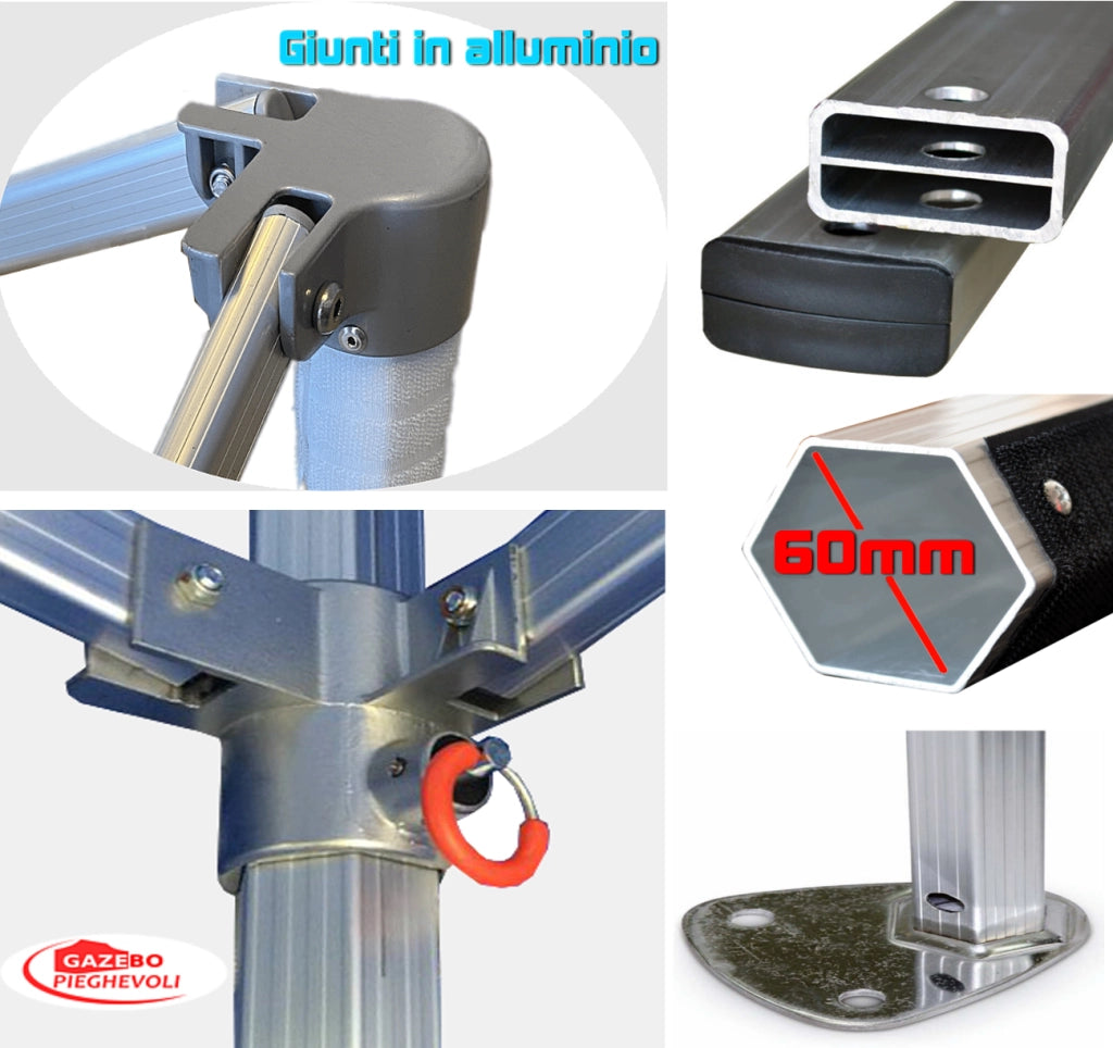 Gazebo 4x6 m bianco certificato IGNIFUGO SENZA laterali pieghevole alluminio piantone esagonale 60mm portatile estendibile richiudibile estensibile acciaio per fiere eventi stand chiosco tenda tendone mercato mercatino