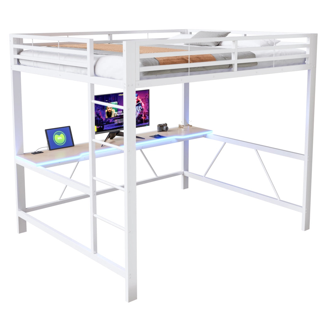 Letto a Soppalco 160x200 cm con Scrivania; LED; USB; Contenitore; Scala e Sponde; Bianco