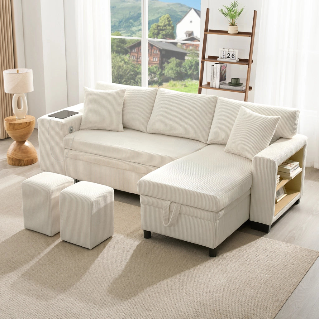 Divano letto angolare 231x131;5 cm con contenitore; USB e USB-C in velluto a coste beige