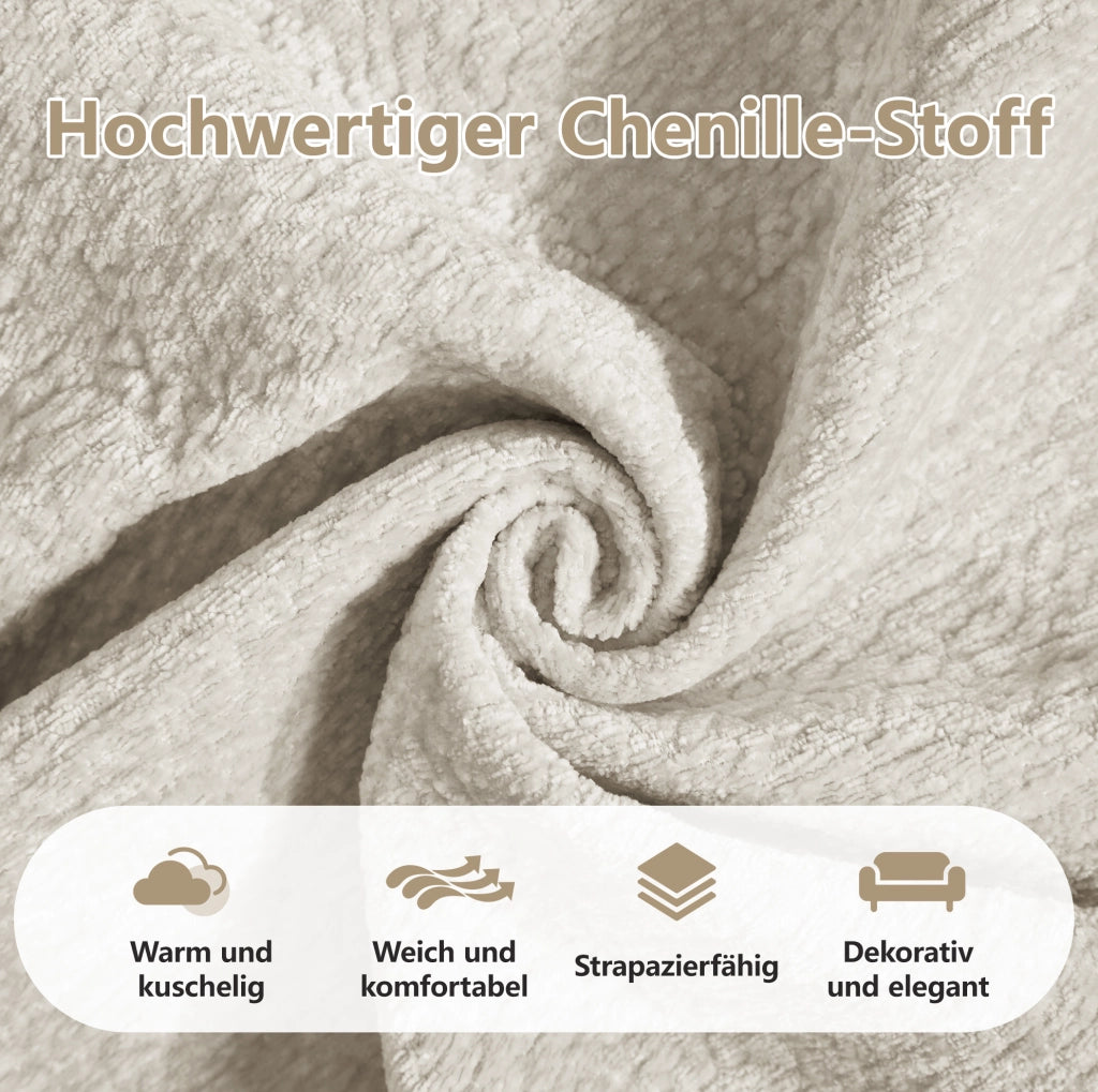 Divano 2 posti in chenille color kaki chiaro con pouf modulare e cuscini spessi