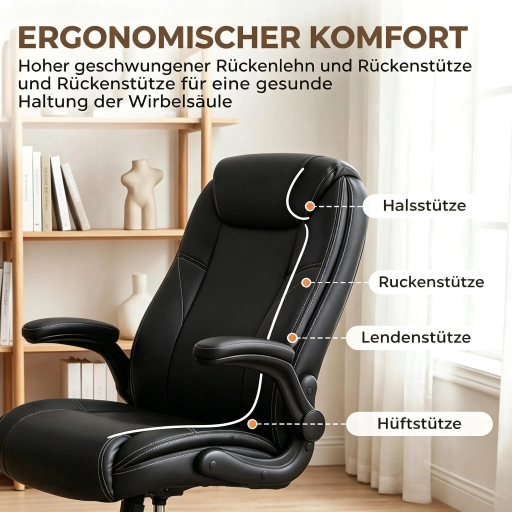 Sedia da ufficio ergonomica in similpelle nera con braccioli pieghevoli, L x B x H: 69,5 x 77 x 106-116 cm