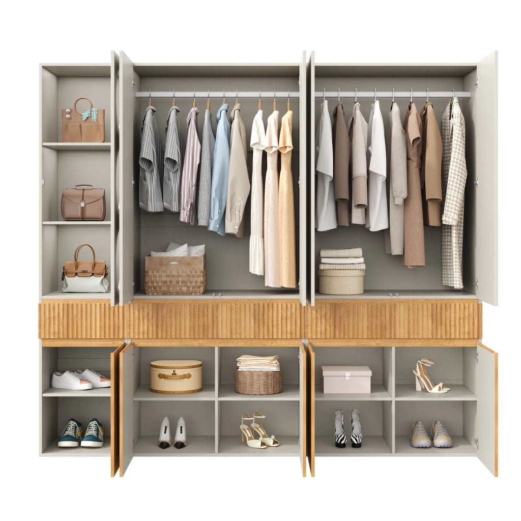 Armadio 10 ante, 225x50x200 cm, 2 appendini e 3 cassetti, rovere chiaro, moderno per camera, corridoio, cameretta o ufficio