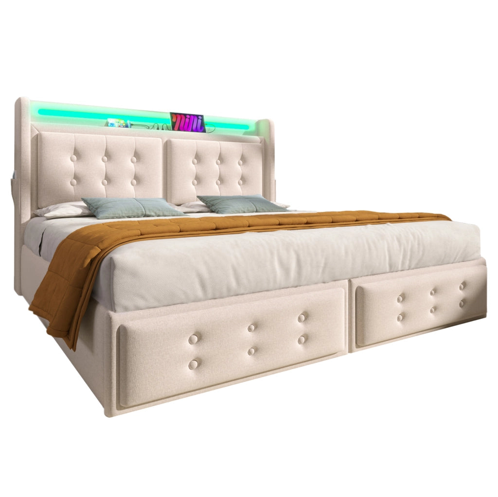 Letto matrimoniale 140x200 con testiera LED, prese USB e materasso incluso
