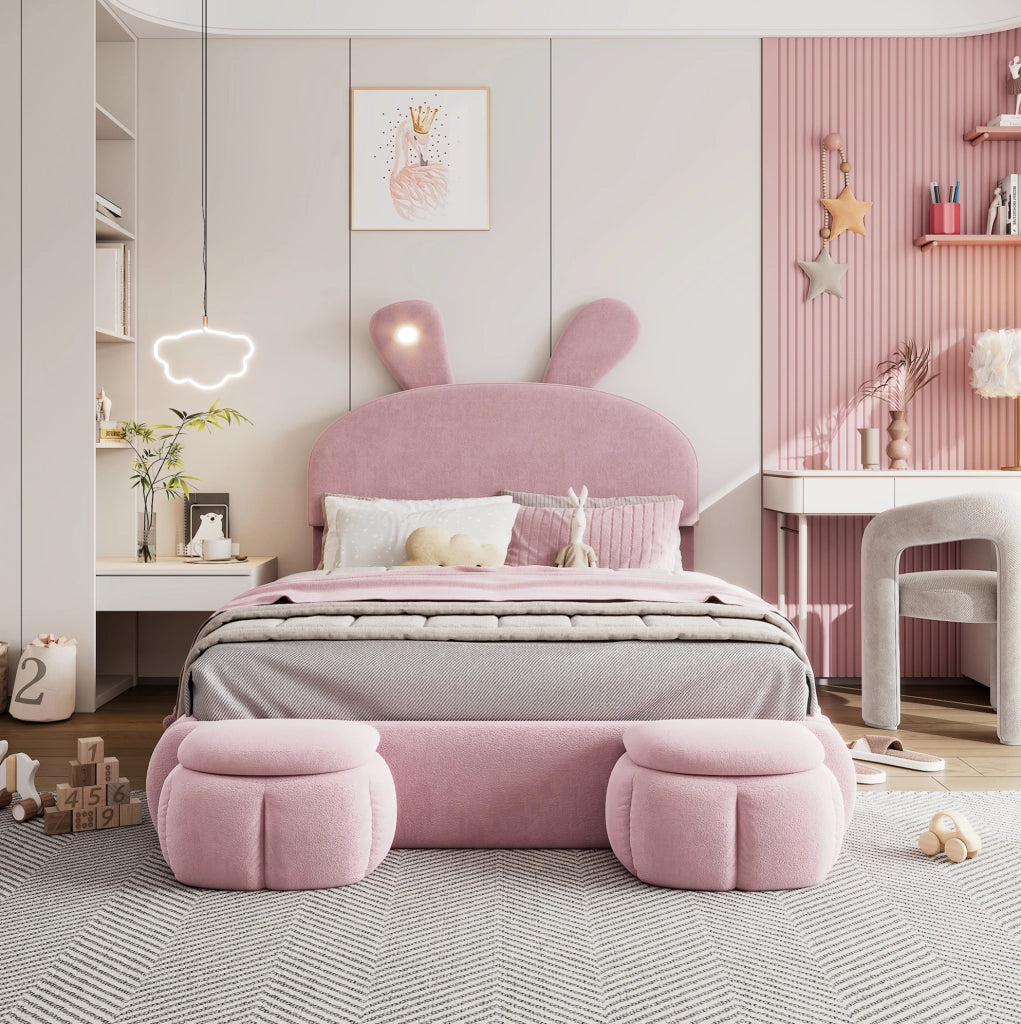 Letto imbottito con testiera a forma di coniglio, luce LED e contenitore idraulico
