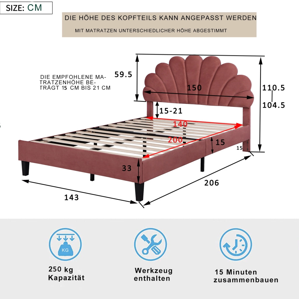 Letto matrimoniale imbottito 140 x 200 cm con testiera floreale; tessuto effetto velluto rosso fagiolo