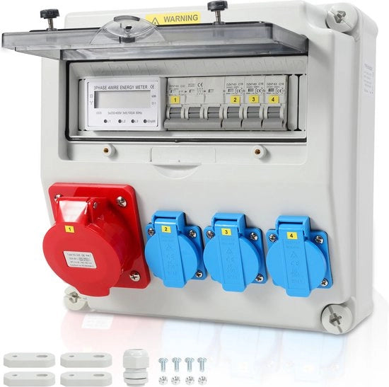 Distributore di Corrente Distributore di Corrente - Distributore di Corrente per Costruzioni Interruttore - Corrente Biforcazione Esterna - Con Contatore di Corrente - 3x 16A 1x 32A - Grigio