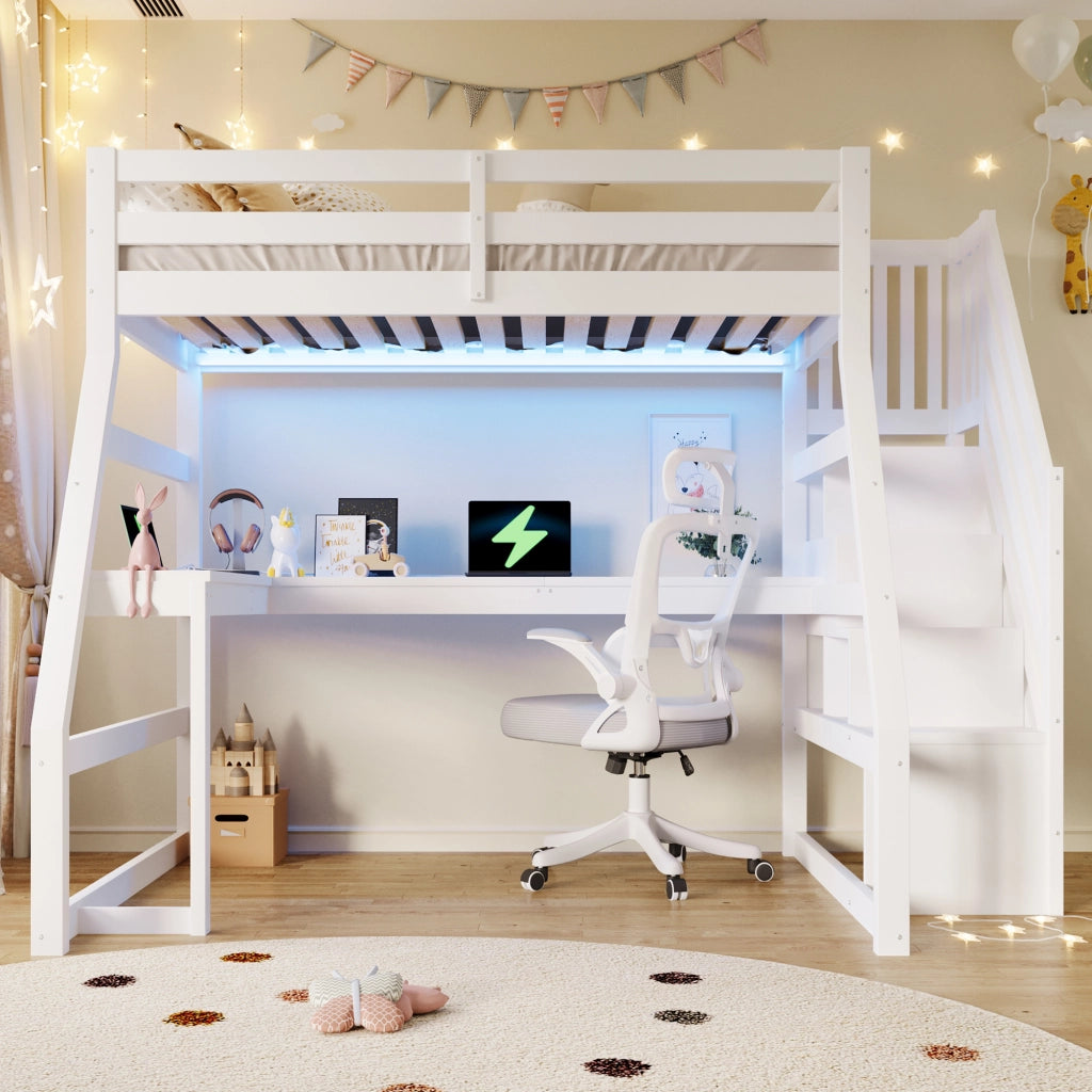 Letto a soppalco 90x200 con scrivania; bianco; scala contenitore e luci LED