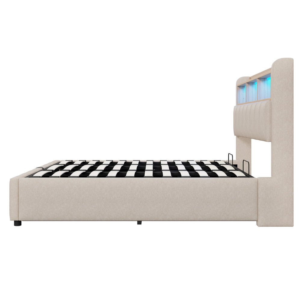 Letto imbottito 180x200 cm con LED e contenitore; lino; beige