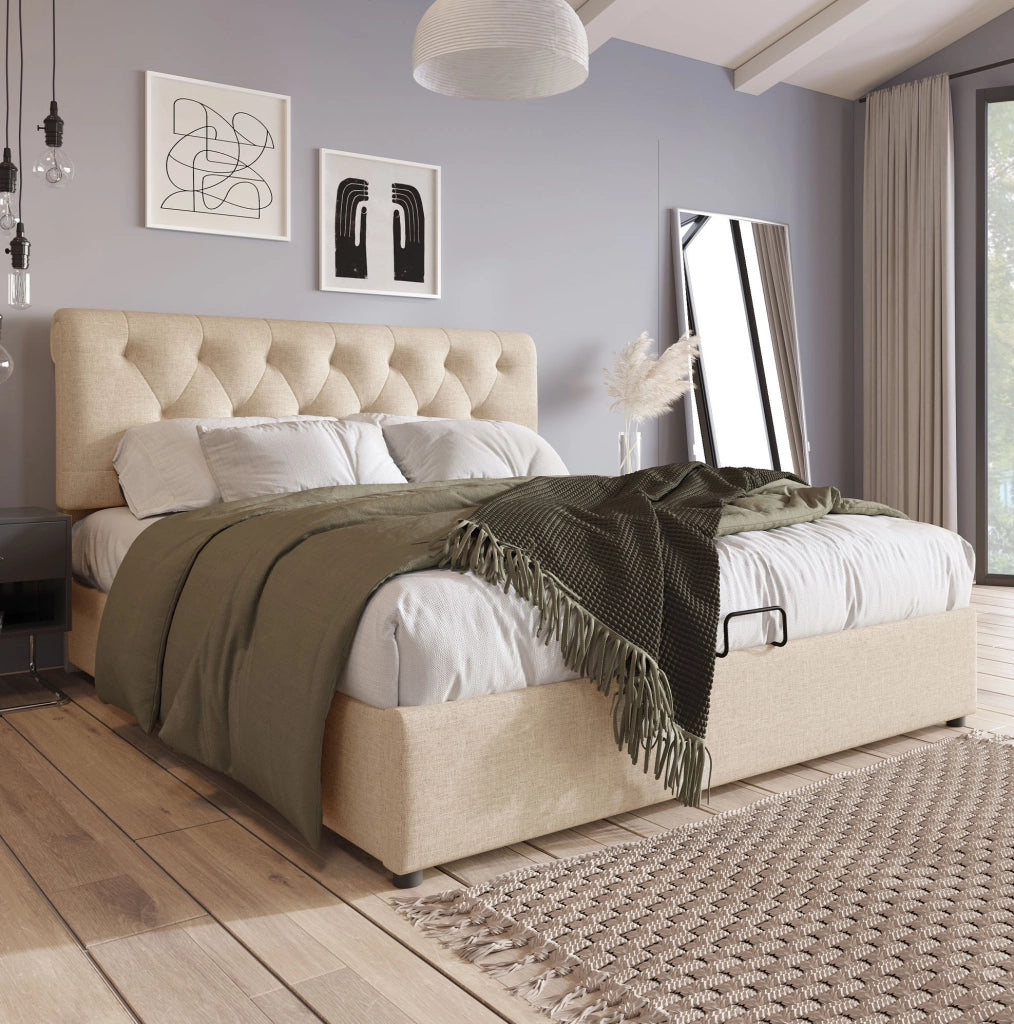 Letto contenitore 140x200 cm con testiera regolabile e materasso incluso; lino; naturale