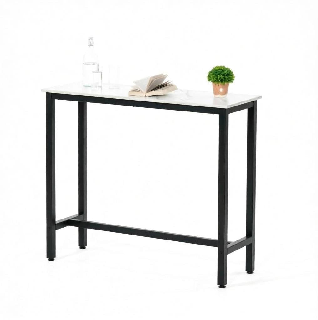 Tavolo Bar Moderno con Struttura in Acciaio Nero e Piano Effetto Marmo Bianco 120x40x100 cm