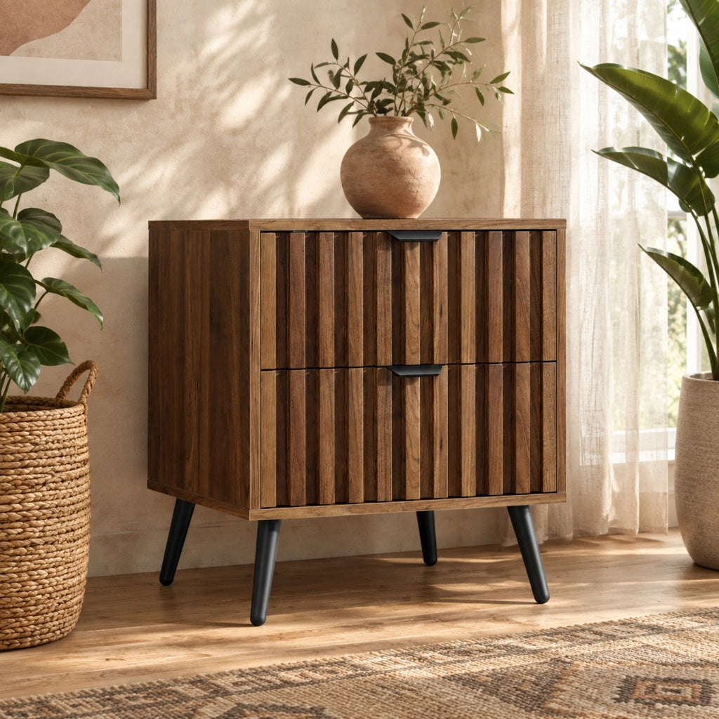 Comodino moderno con 2 cassetti 45x40x53 cm in MDF color noce HAVRYA