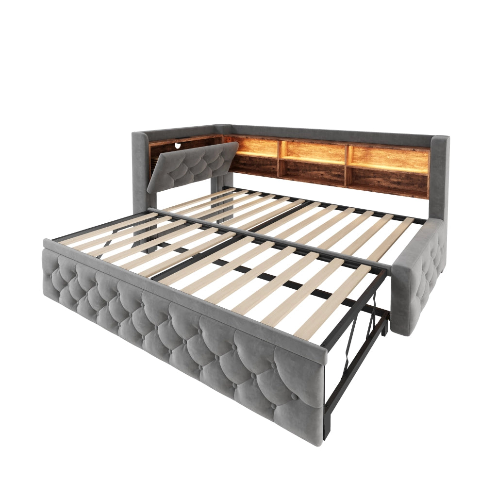 Divano letto estraibile 90x190 cm in velluto grigio scuro con LED e USB