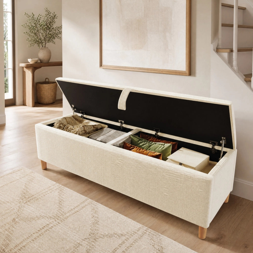Letto matrimoniale 160x200 cm con testiera LED; panca contenitore e materasso; beige/rovere