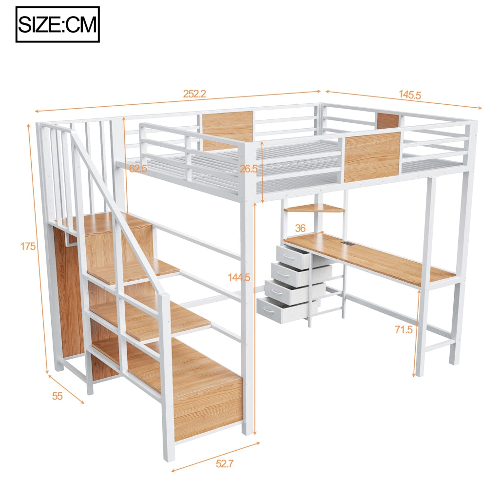Letto a soppalco 140x200 cm per adulti con scrivania; ripiani; appendiabiti; LED e presa; metallo bianco
