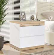 Comodino con due cassetti in pannello E1 effetto quercia e bianco, armadietto per camera da letto