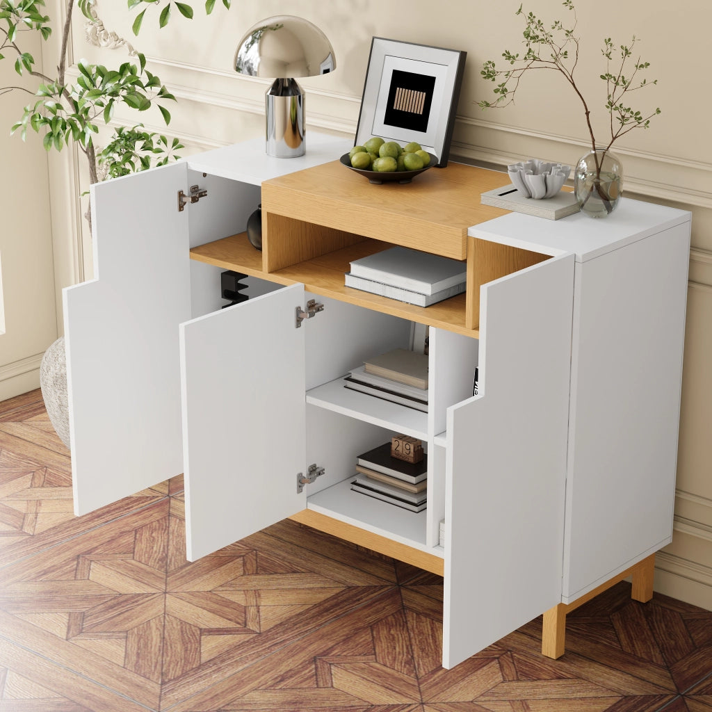 Credenza bianca con tre ante e vano centrale aperto; 120;5 cm; pannelli di particelle; effetto legno