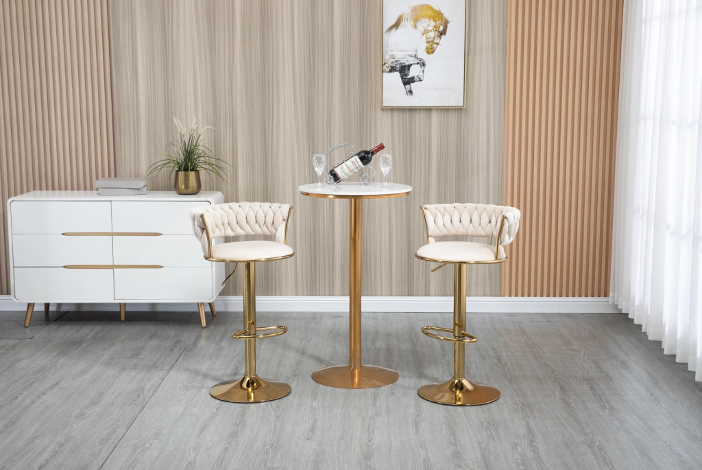 Set di 2 sgabelli da bar con rivestimento in velluto, altezza regolabile, base in ferro dorato, 54x46x78,5-97 cm