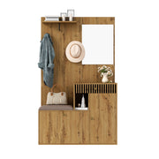 Set da ingresso con specchio; panca imbottita; cassetti scanalati e scarpiera; MDF; nero e naturale; 110x37x185;5 cm