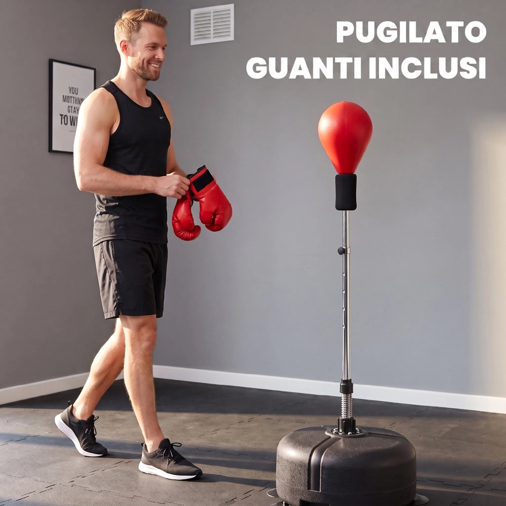 Punching Ball ad Altezza Regolabile con Guanti da Boxe in Acciaio e Finta Pelle Ø48x136-154 cm Robusto per Casa Nero e Rosso
